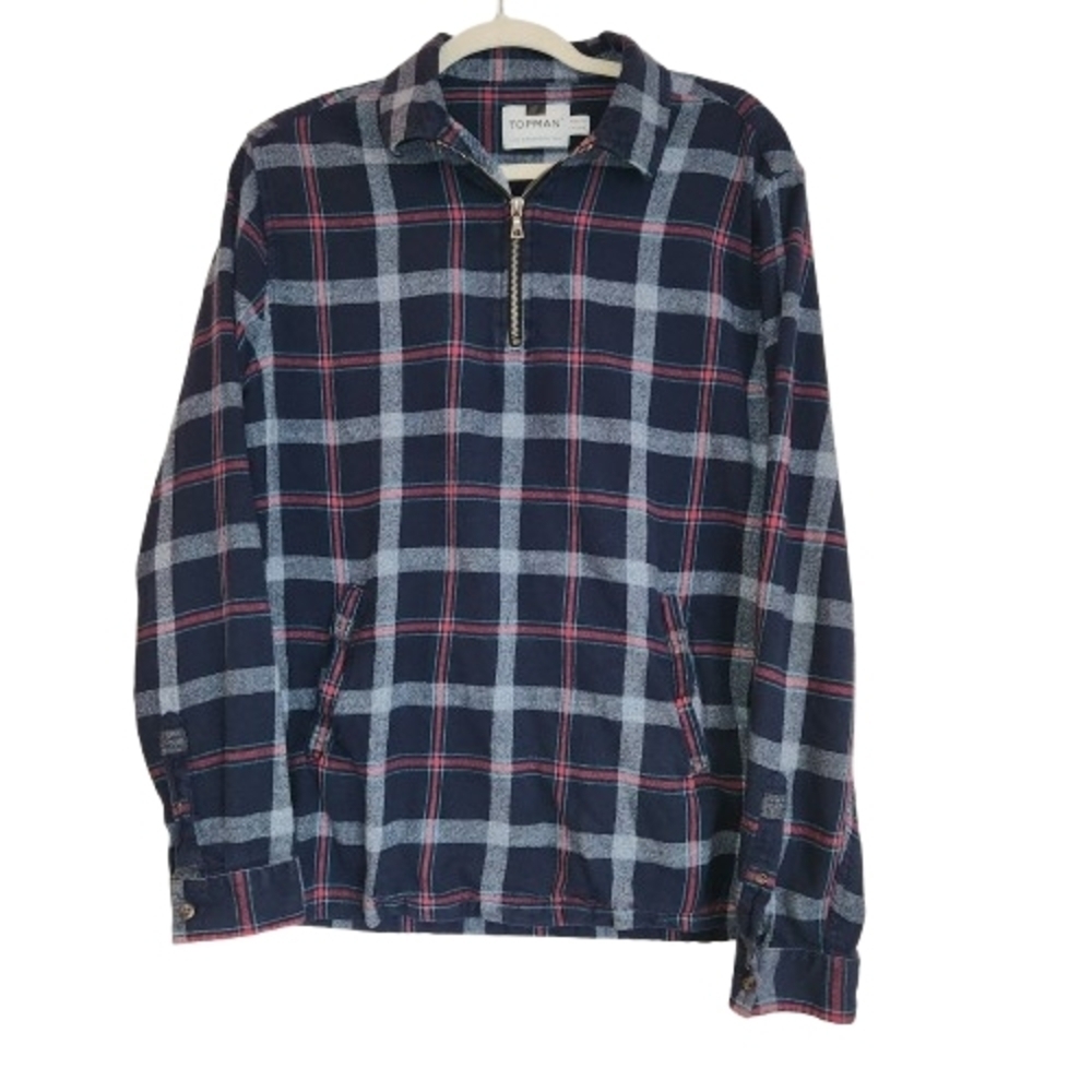 Topman 1/4 Zip Blue/Red/Green Flannel Shirt Size M Pockets Button Cuffs Collared